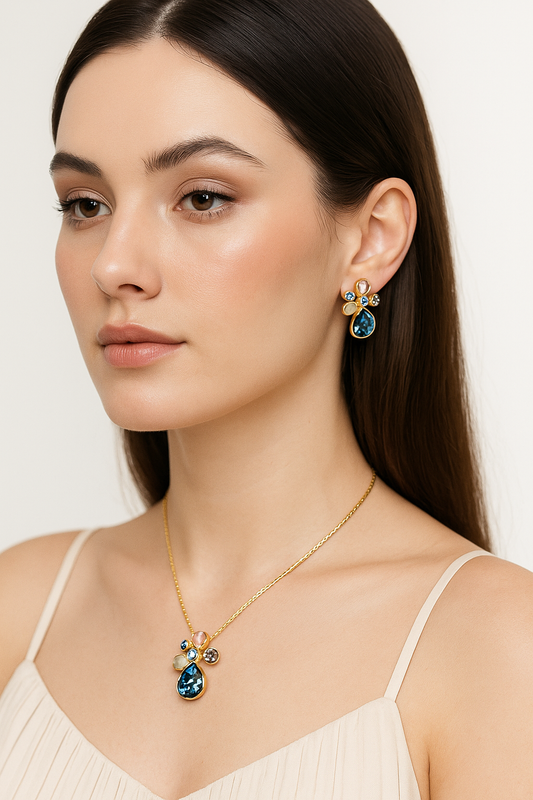 Aurora Luxe Teal Crystal Necklace & Earring Set – Premium Gold-Plated Statement Jewellery